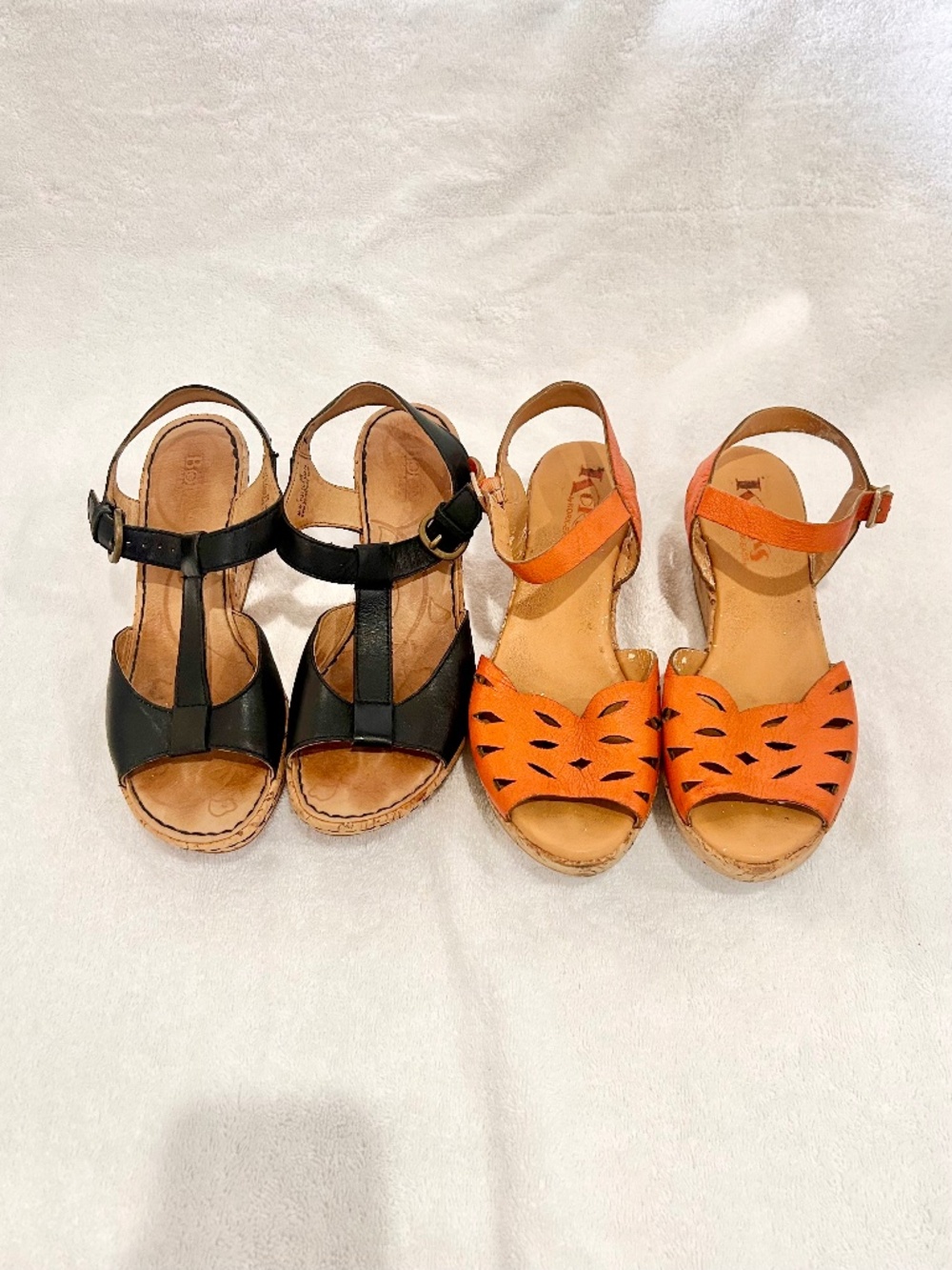 Born Black T-Strap Wedge and Korks Orange Sandals Lot of 2 Sandals